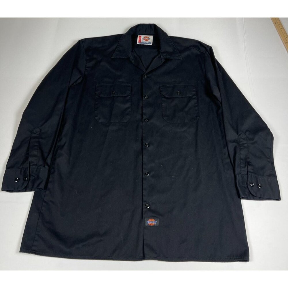 Dickies Men Large Black Long Sleeve Work Shirt Double Pocket Mechanical Uniform